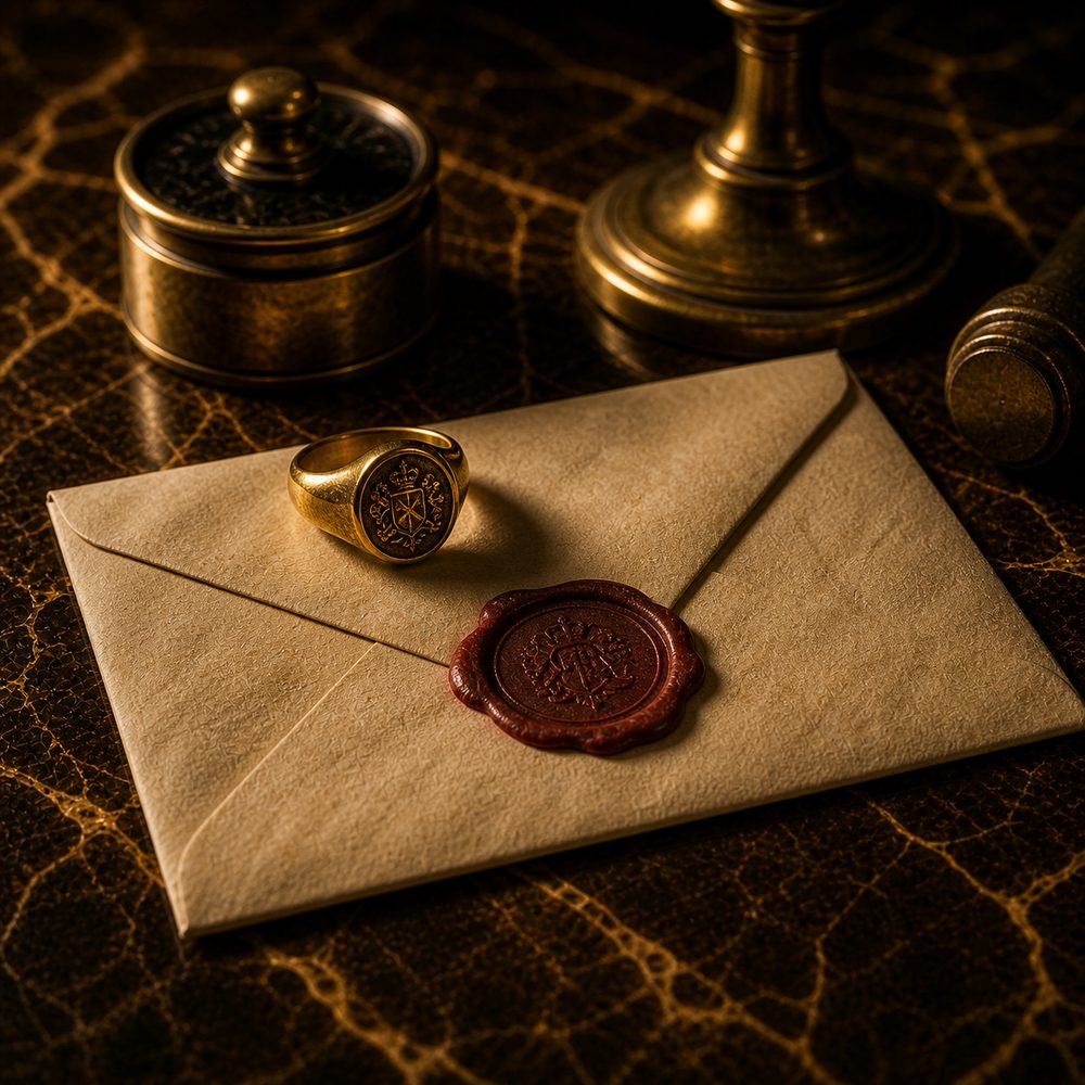 A gold signet ring resting on a wax-sealed letter.