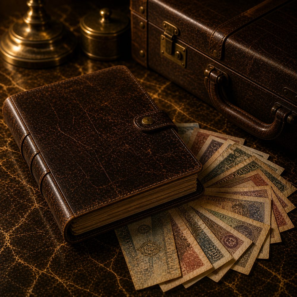 A leather merchant's ledger, brass scale, fanned multi-country currency, and a suitcase tucked behind.