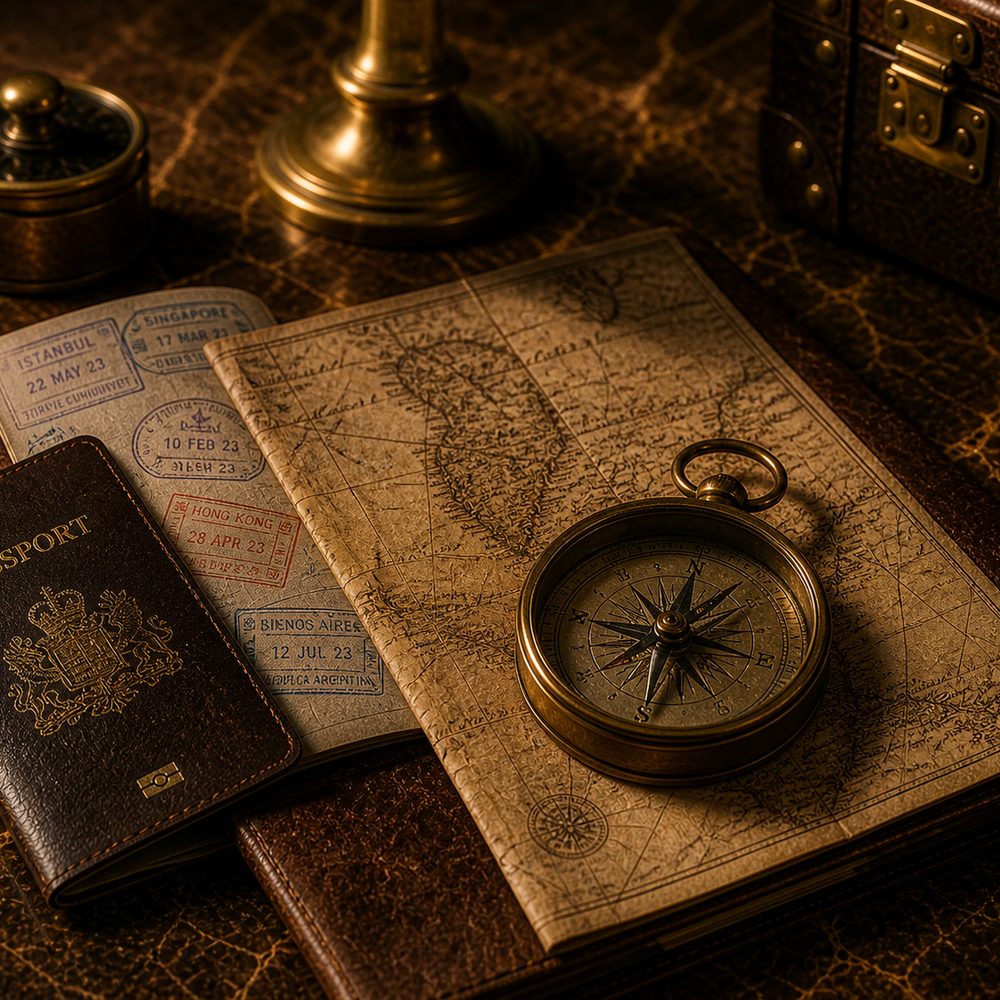 A brass compass on a folded map beside a worn passport with stamps fanned out.